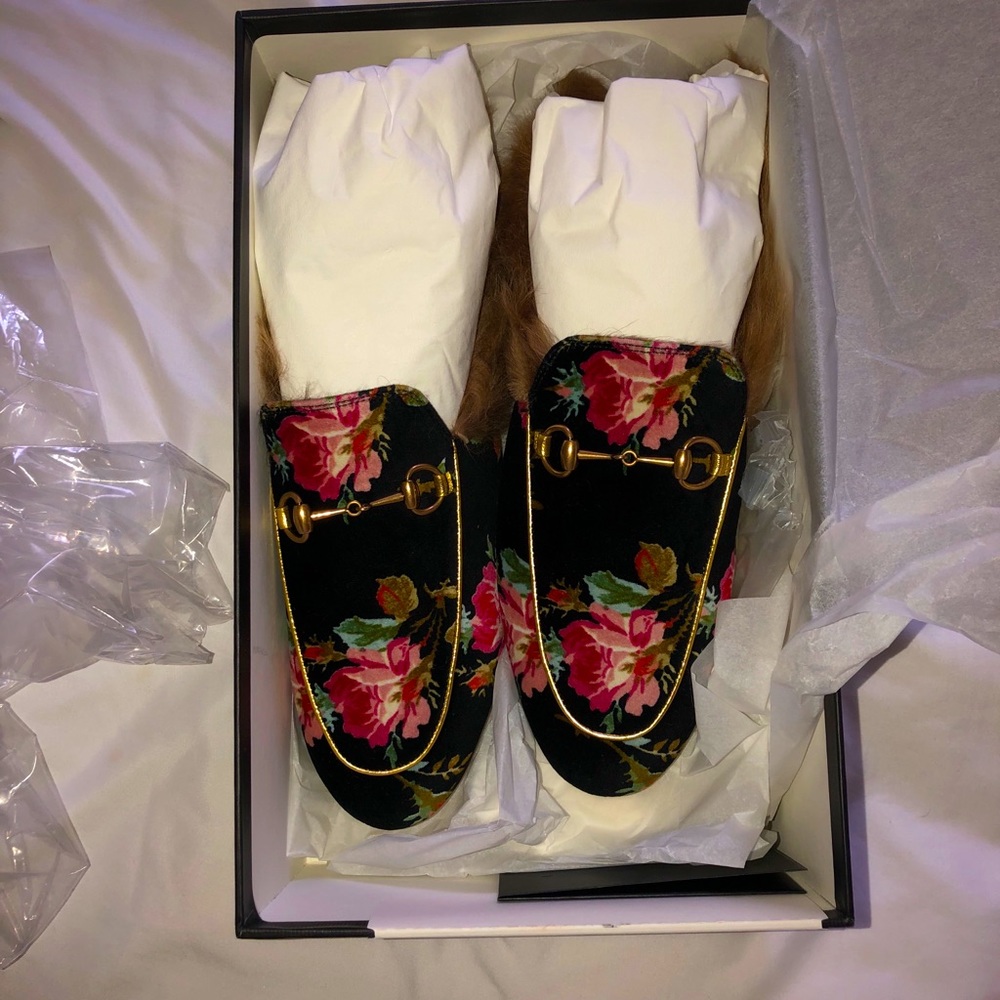 Floral Velvet and Fur Princetown Mules Flats